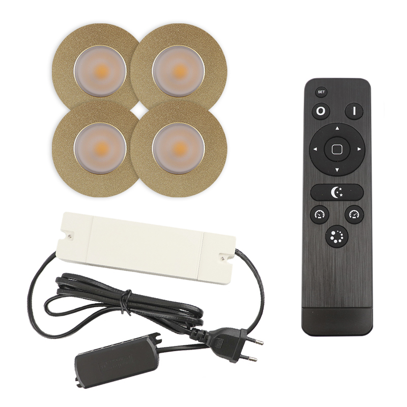 4 mässing infälld spotlights uterum Dico, IP65, med anslutningsset och fjärrkontroll