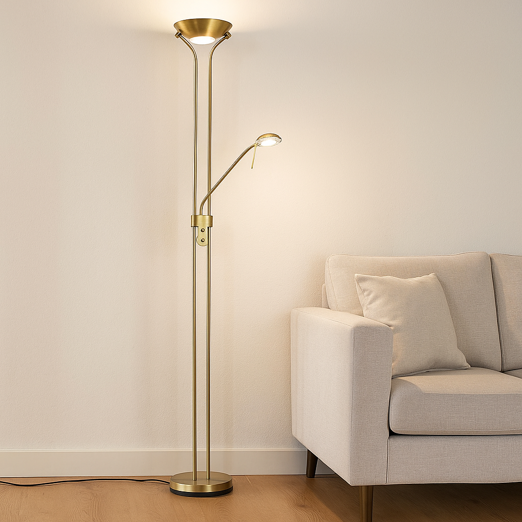 Modern läslampa golv mässing, Salvador, 18W, 3000K LED, med brytare