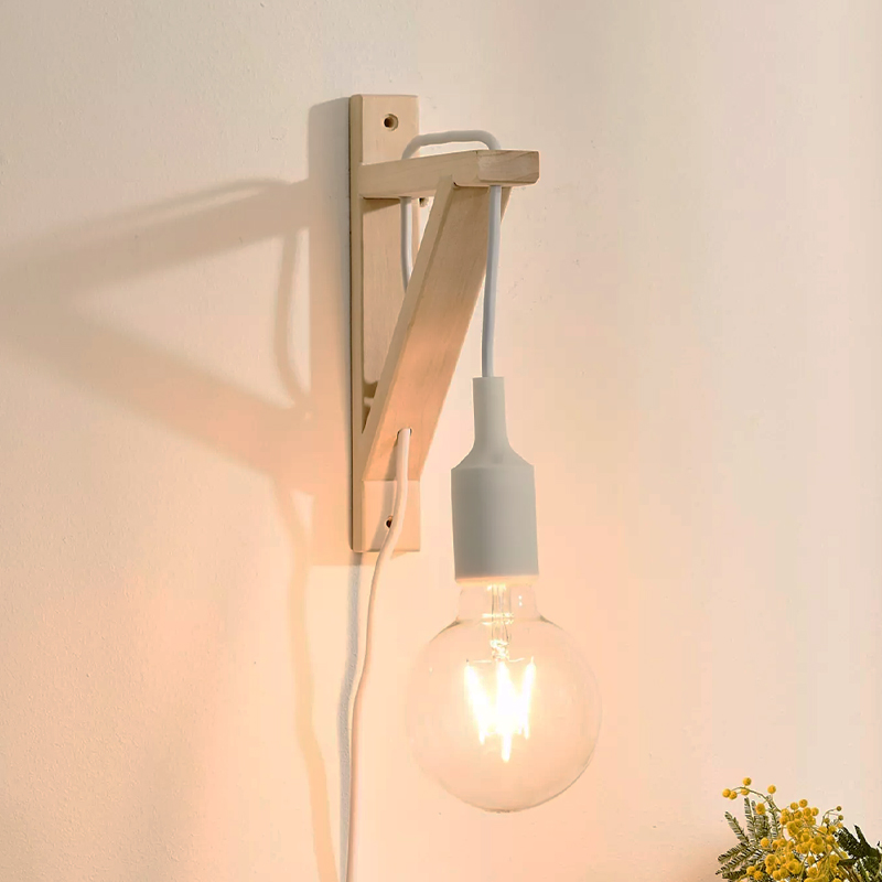 Trä vägglampa vit, Fix, med brytare
