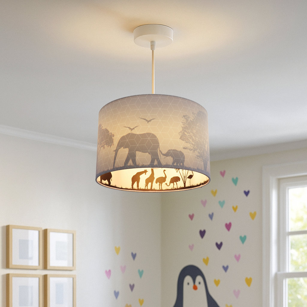 Tyg fönsterlampa barn grå, Safari