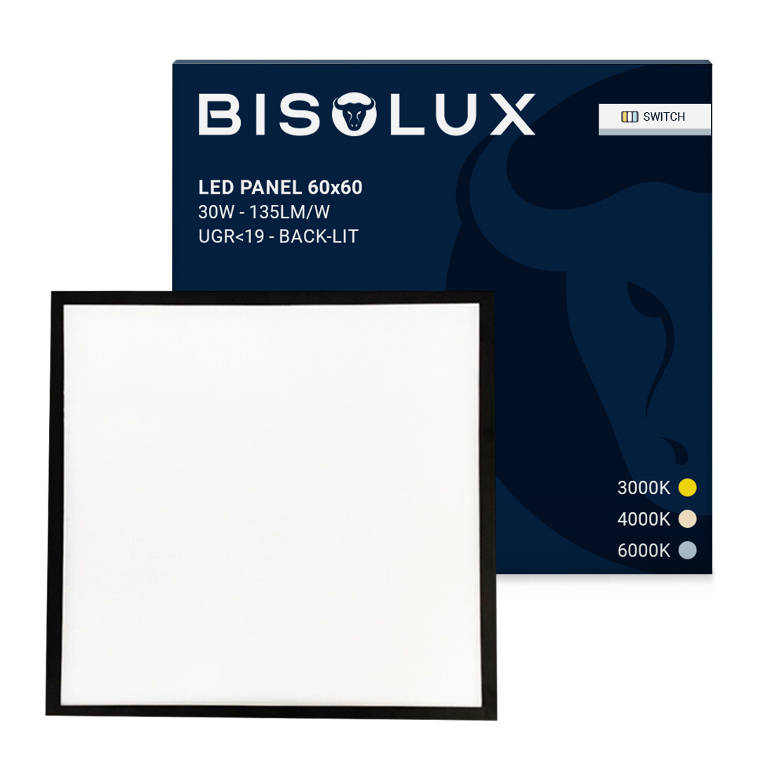 Svart LED panel 60x60 - 100 lm/W - UGR<19 - justerbar vit - bakgrundsbelyst