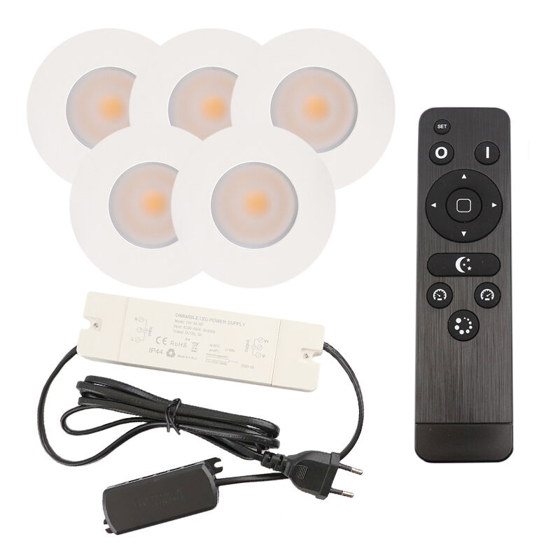 5 vit infälld spotlights uterum Dico, IP65, med anslutningsset och fjärrkontroll