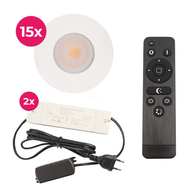 15 vit infälld spotlights uterum Dico, IP65, med anslutningsset och fjärrkontroll