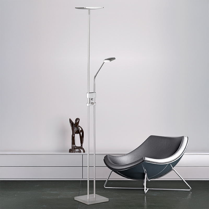 Nickel golvlampa modern, Simon, 15W, 3000K LED, med brytare