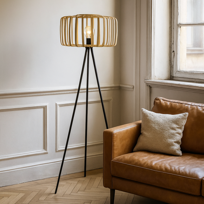 Bambu golvlampa brun, Tina, med brytare