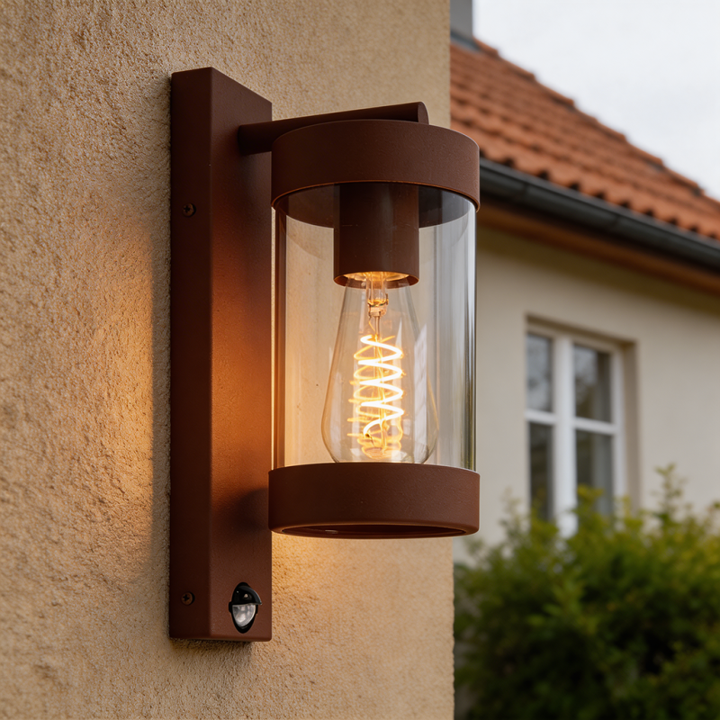 Modern utomhus vägglampa med rörelsesensor rostfärgad, Musa, IP44