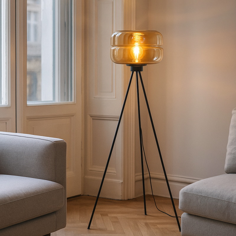 Retro golvlampa bärnstensfärgad, Sean, med brytare Retro golvlampa bärnstensfärgad, Sean, med brytare