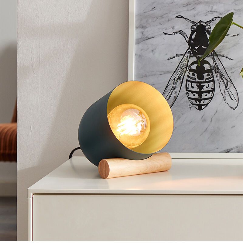 Trä bordslampa blå, Riaz, med brytare Trä bordslampa blå, Riaz, med brytare