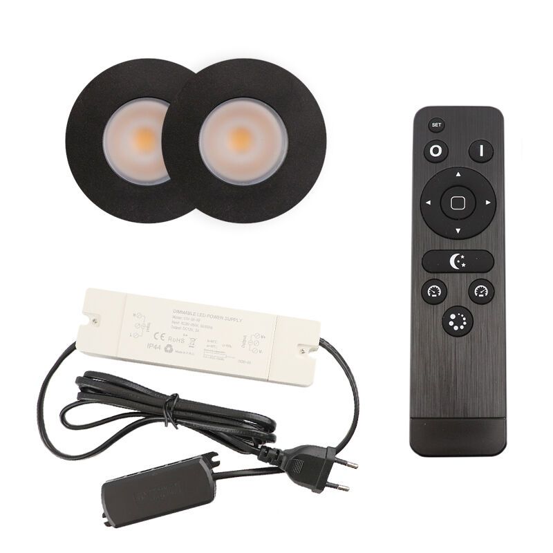 2 svart infälld spotlights uterum Dico, IP65, med anslutningsset och fjärrkontroll