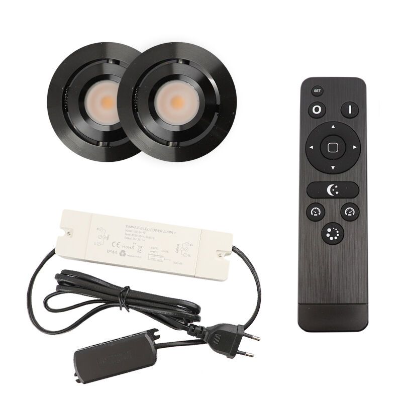 2 vinklingsbar infälld spotlights uterum Rona, IP44, med anslutningsset och fjärrkontroll, svart