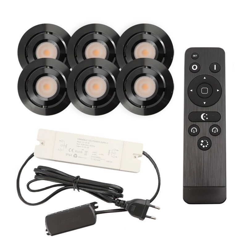 6 vinklingsbar infälld spotlights uterum Rona, IP44, med anslutningsset och fjärrkontroll, svart