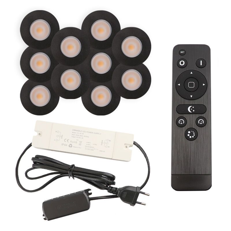 10 svart infälld spotlights uterum Dico, IP65, med anslutningsset och fjärrkontroll