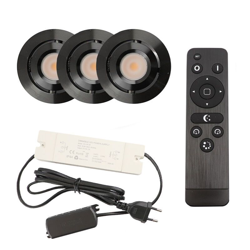 3 vinklingsbar infälld spotlights uterum Rona, IP44, med anslutningsset och fjärrkontroll, svart