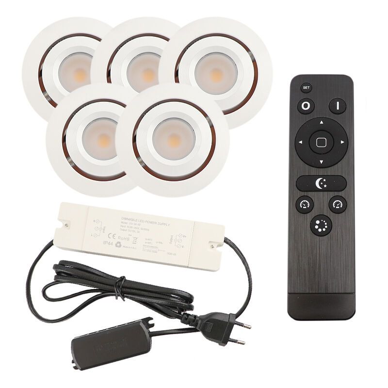 5 vinklingsbar infälld spotlights uterum Rona, IP44, med anslutningsset och fjärrkontroll, vit 5 vinklingsbar infälld spotlights uterum Rona, IP44, med anslutningsset och fjärrkontroll, vit