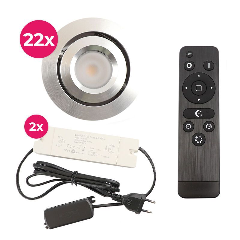 22 vinklingsbar infälld spotlights uterum Rona, IP44, med anslutningsset och fjärrkontroll, krom 22 vinklingsbar infälld spotlights uterum Rona, IP44, med anslutningsset och fjärrkontroll, krom