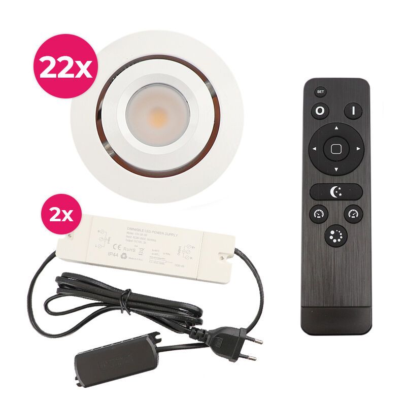 22 vinklingsbar infälld spotlights uterum Rona, IP44, med anslutningsset och fjärrkontroll, vit
