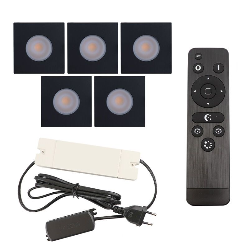 5 fyrkantig svart infälld spotlights uterum Dico, IP65, med anslutningsset och fjärrkontroll 5 fyrkantig svart infälld spotlights uterum Dico, IP65, med anslutningsset och fjärrkontroll