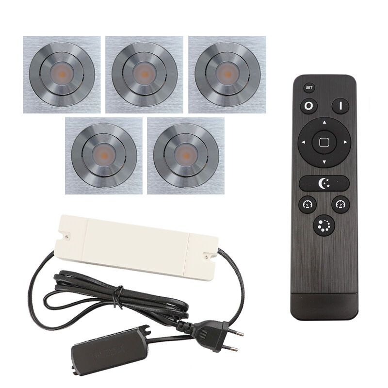 5 vinklingsbar infälld spotlights uterum Rona fyrkantig, IP44, med anslutningsset och fjärrkontroll, krom