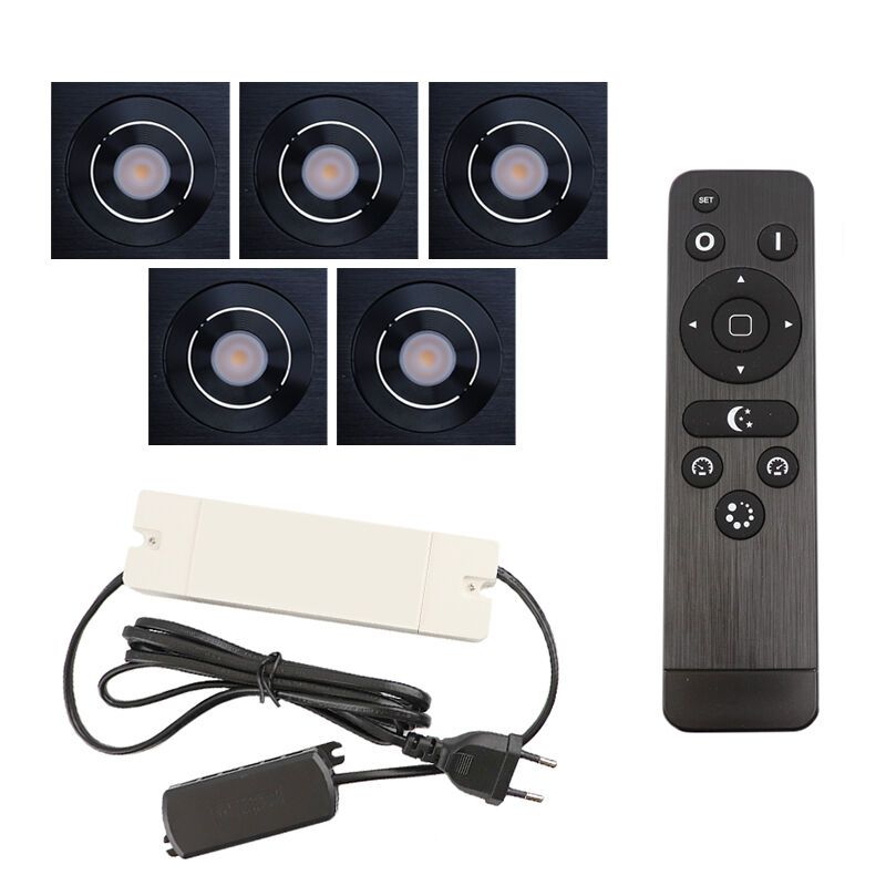 5 vinklingsbar infälld spotlights uterum Rona fyrkantig, IP44, med anslutningsset och fjärrkontroll, svart 5 vinklingsbar infälld spotlights uterum Rona fyrkantig, IP44, med anslutningsset och fjärrkontroll, svart