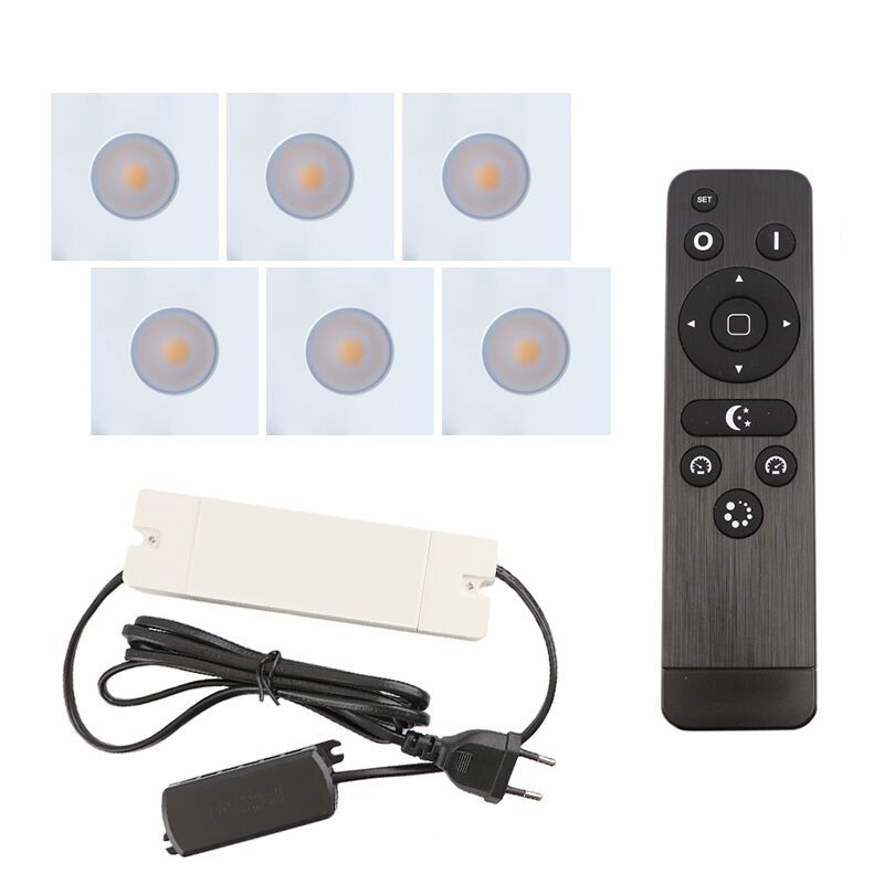 6 fyrkantig vit infälld spotlights uterum Dico, IP65, med anslutningsset och fjärrkontroll