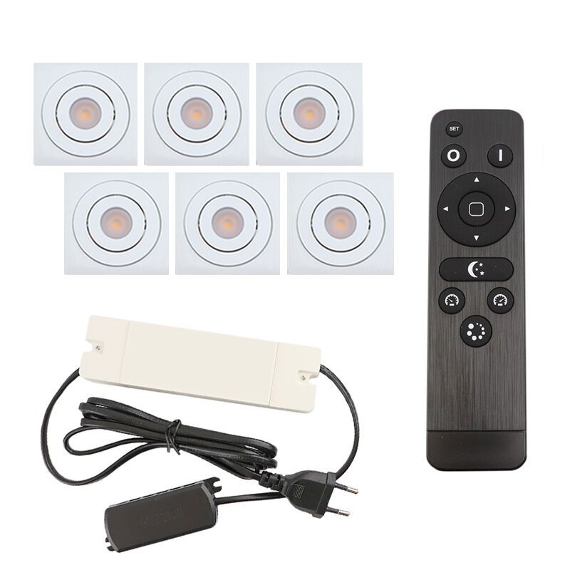 6 vinklingsbar infälld spotlights uterum Rona fyrkantig, IP44, med anslutningsset och fjärrkontroll, vit 6 vinklingsbar infälld spotlights uterum Rona fyrkantig, IP44, med anslutningsset och fjärrkontroll, vit