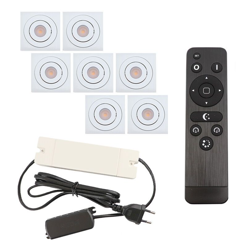 7 vinklingsbar infälld spotlights uterum Rona fyrkantig, IP44, med anslutningsset och fjärrkontroll, vit 7 vinklingsbar infälld spotlights uterum Rona fyrkantig, IP44, med anslutningsset och fjärrkontroll, vit