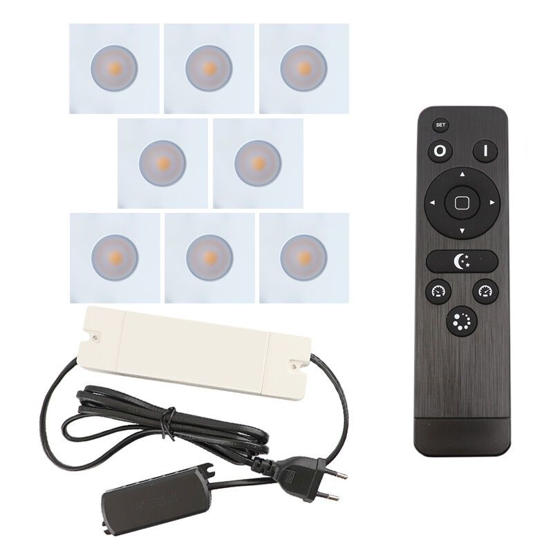 8 fyrkantig vit infälld spotlights uterum Dico, IP65, med anslutningsset och fjärrkontroll 8 fyrkantig vit infälld spotlights uterum Dico, IP65, med anslutningsset och fjärrkontroll