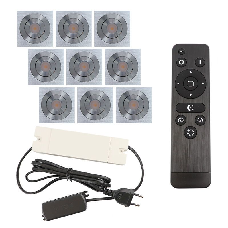 9 vinklingsbar infälld spotlights uterum Rona fyrkantig, IP44, med anslutningsset och fjärrkontroll, krom