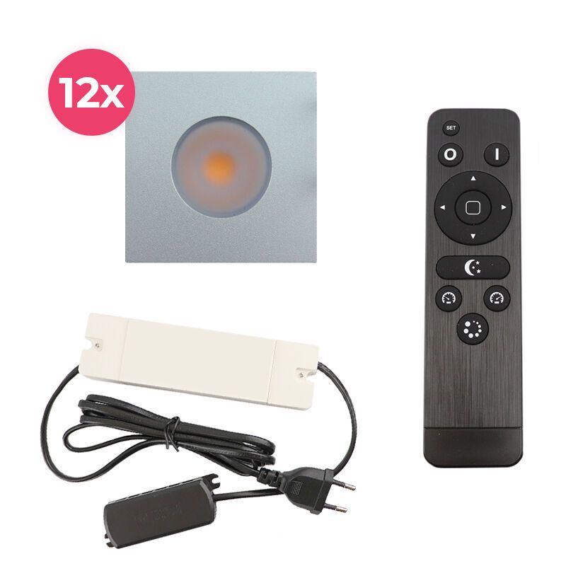 12 fyrkantig krom infälld spotlights uterum Dico, IP65, med anslutningsset och fjärrkontroll