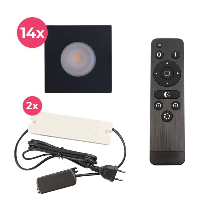 14 fyrkantig svart infälld spotlights uterum Dico, IP65, med anslutningsset och fjärrkontroll