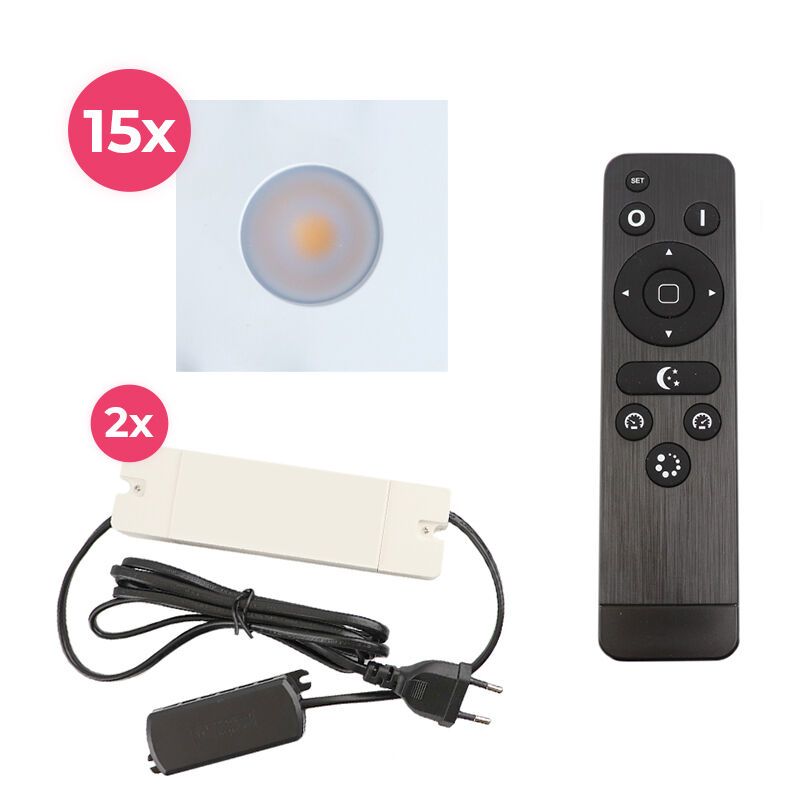 15 fyrkantig vit infälld spotlights uterum Dico, IP65, med anslutningsset och fjärrkontroll