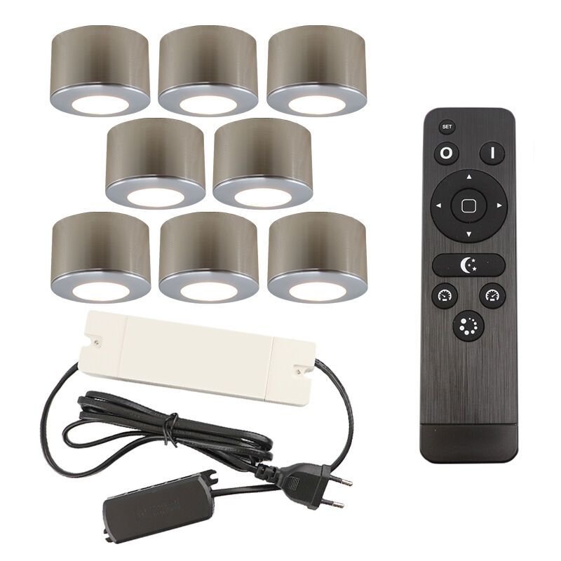 8 rund krom utanpåliggande spotlights uterum Vasso, IP44, med anslutningsset och fjärrkontroll 8 rund krom utanpåliggande spotlights uterum Vasso, IP44, med anslutningsset och fjärrkontroll