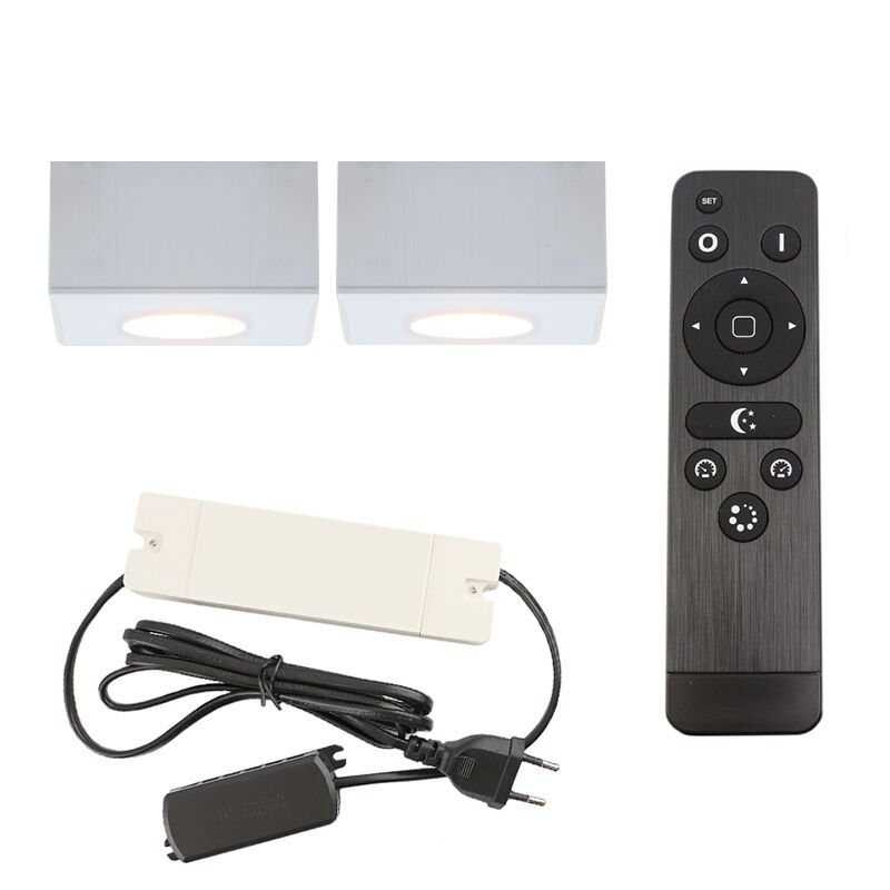 2 fyrkantig vit utanpåliggande spotlight uterum Fredo, IP44, med anslutningsset och fjärrkontroll 2 fyrkantig vit utanpåliggande spotlight uterum Fredo, IP44, med anslutningsset och fjärrkontroll