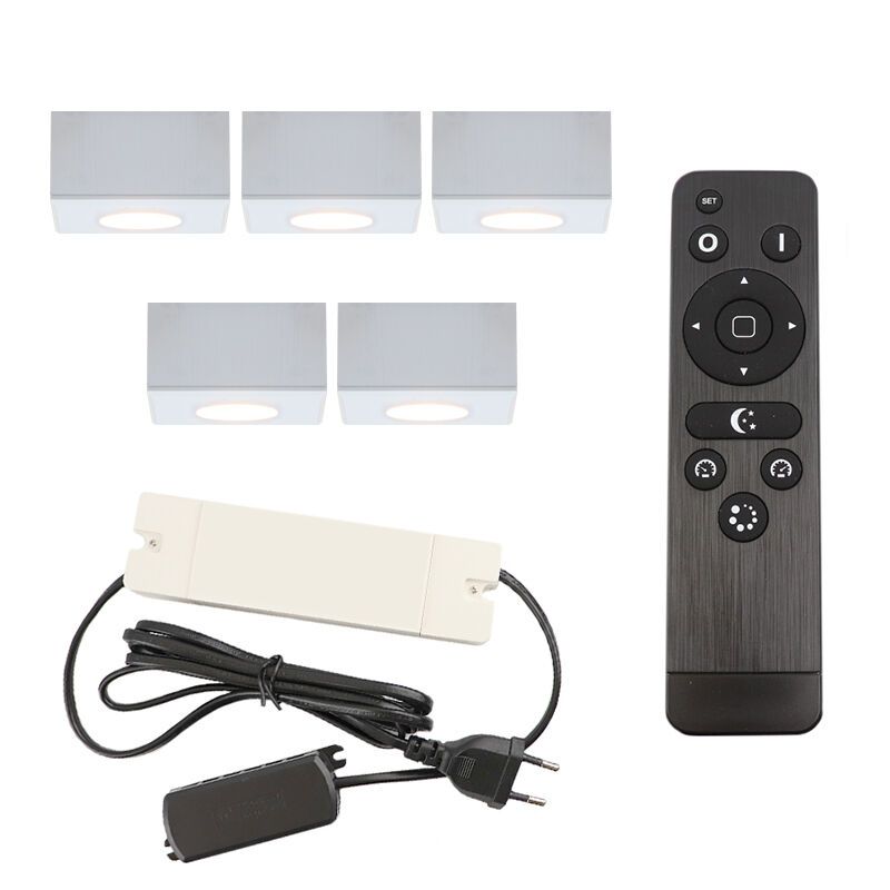 5 fyrkantig vit utanpåliggande spotlight uterum Fredo, IP44, med anslutningsset och fjärrkontroll