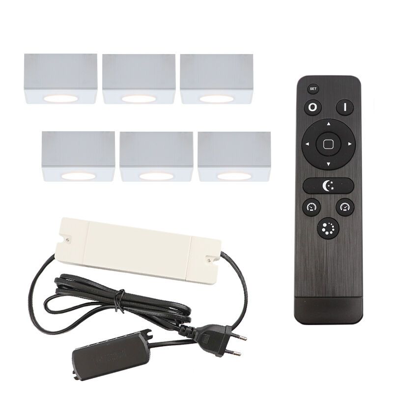 6 fyrkantig vit utanpåliggande spotlight uterum Fredo, IP44, med anslutningsset och fjärrkontroll