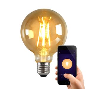Olucia smart LED lampa E27 George, bärnstensfärgad, G95, 5W, dim to warm
