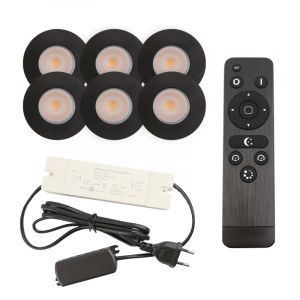 6 svart infälld spotlights uterum Dico, IP65, med anslutningsset och fjärrkontroll