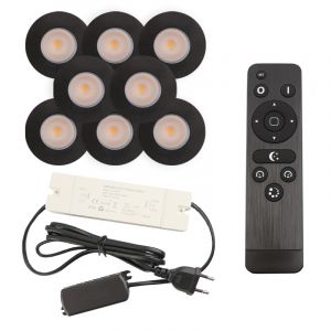 8 svart infälld spotlights uterum Dico, IP65, med anslutningsset och fjärrkontroll