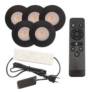 5 svart infälld spotlights uterum Dico, IP65, med anslutningsset och fjärrkontroll