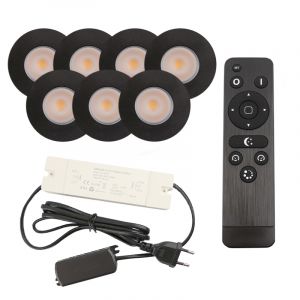 7 svart infälld spotlights uterum Dico, IP65, med anslutningsset och fjärrkontroll