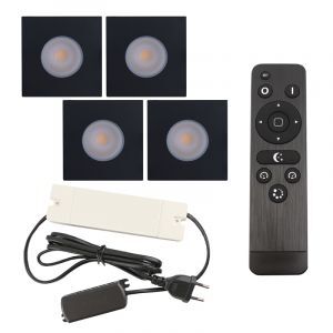 4 fyrkantig svart infälld spotlights uterum Dico, IP65, med anslutningsset och fjärrkontroll