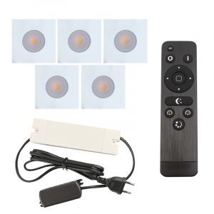 5 fyrkantig vit infälld spotlights uterum Dico, IP65, med anslutningsset och fjärrkontroll