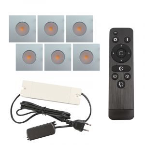 6 fyrkantig krom infälld spotlights uterum Dico, IP65, med anslutningsset och fjärrkontroll