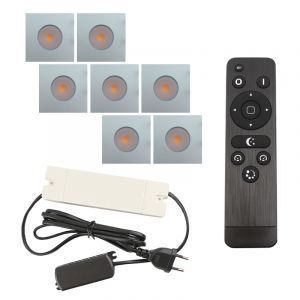 7 fyrkantig krom infälld spotlights uterum Dico, IP65, med anslutningsset och fjärrkontroll