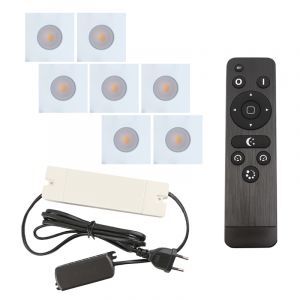 7 fyrkantig vit infälld spotlights uterum Dico, IP65, med anslutningsset och fjärrkontroll