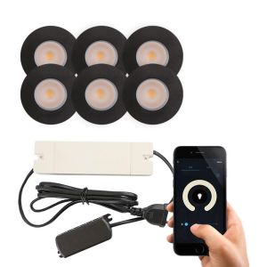 6 svart smart infälld spotlights uterum Dico, IP65, med anslutningsset