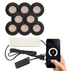 8 svart smart infälld spotlights uterum Dico, IP65, med anslutningsset