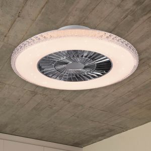 Krom takfläkt design, Damon, 40W, varm till kall vit justerbar LED, met fjärrkontroll