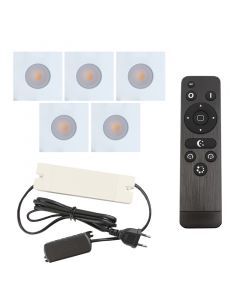 5 fyrkantig vit infälld spotlights uterum Dico, IP65, med anslutningsset och fjärrkontroll