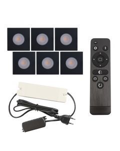 6 fyrkantig svart infälld spotlights uterum Dico, IP65, med anslutningsset och fjärrkontroll